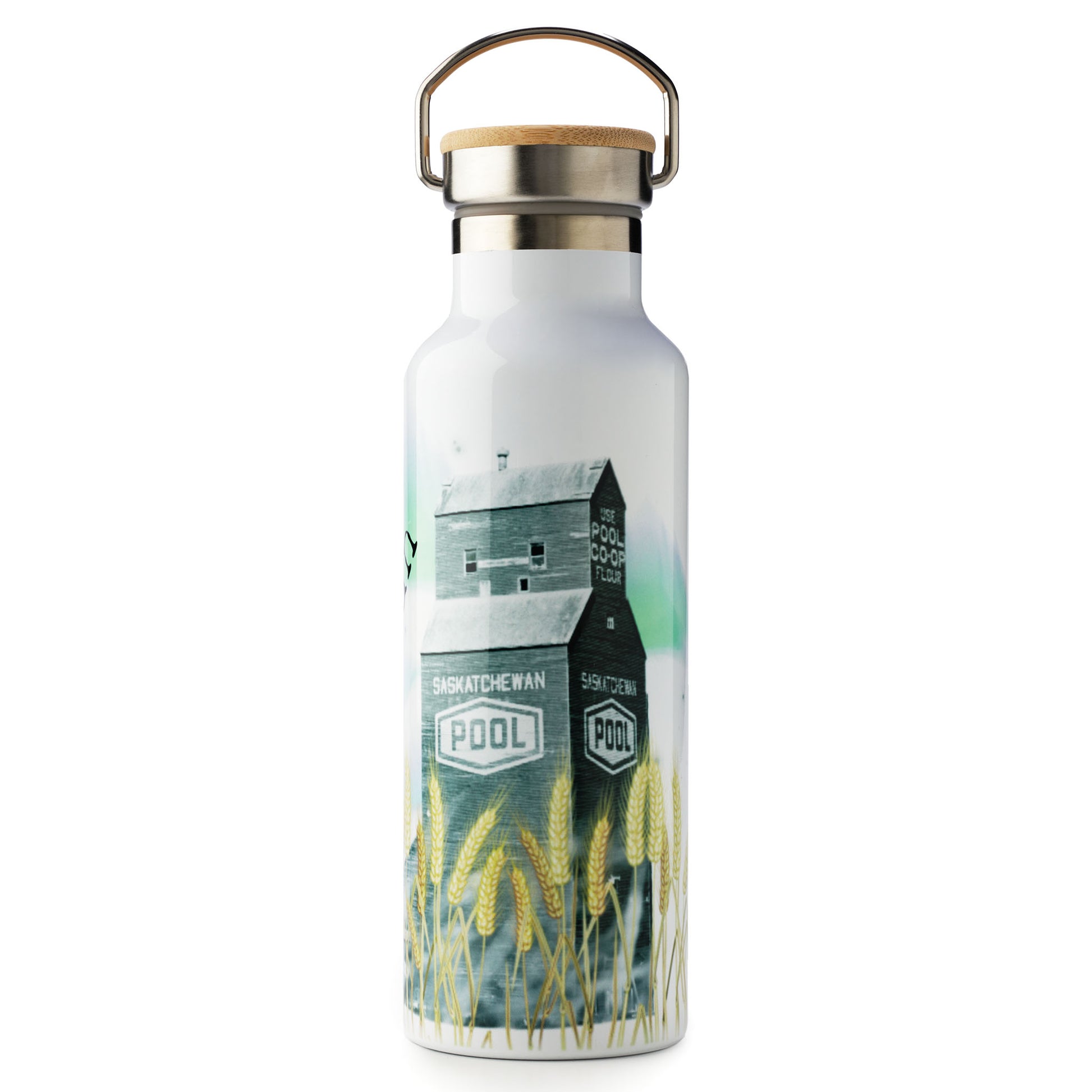 White water bottle with Saskatchewan Pool logo and wheat design on a white background