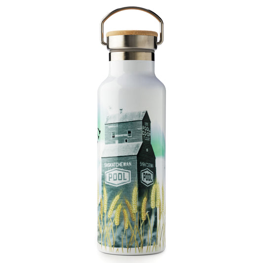 White water bottle with Saskatchewan Pool logo and wheat design on a white background