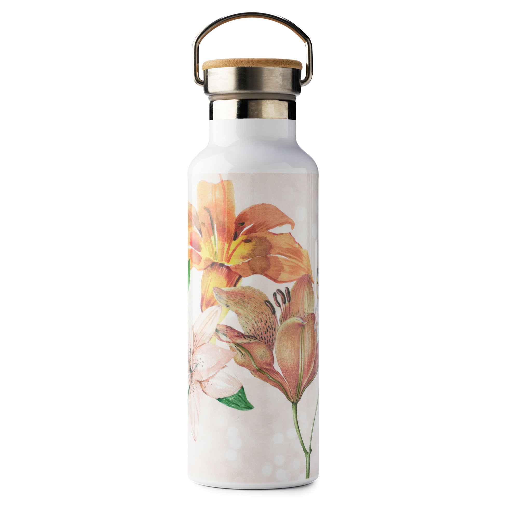 Floral-patterned water bottle with a bamboo cap on a white background
