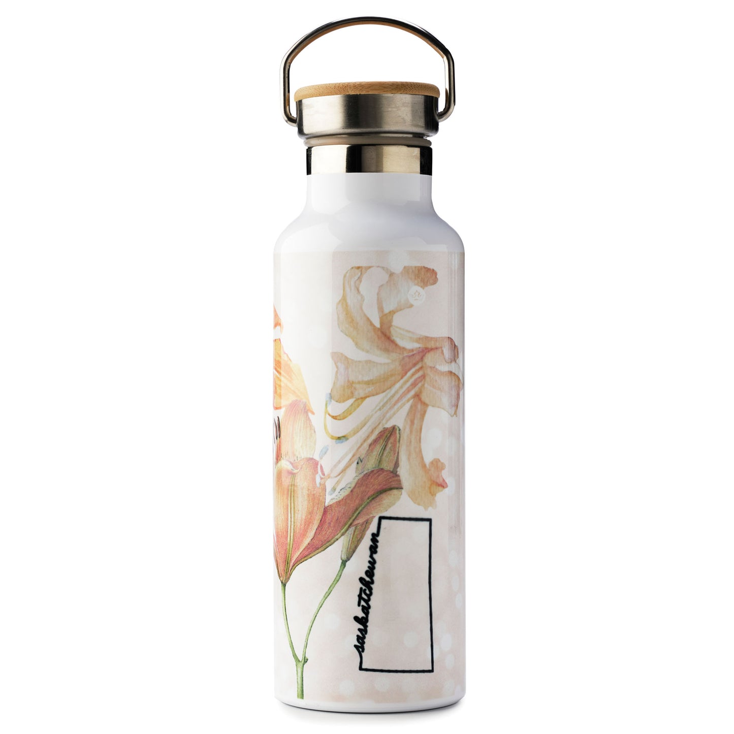 White water bottle with floral design and wooden cap on a white background