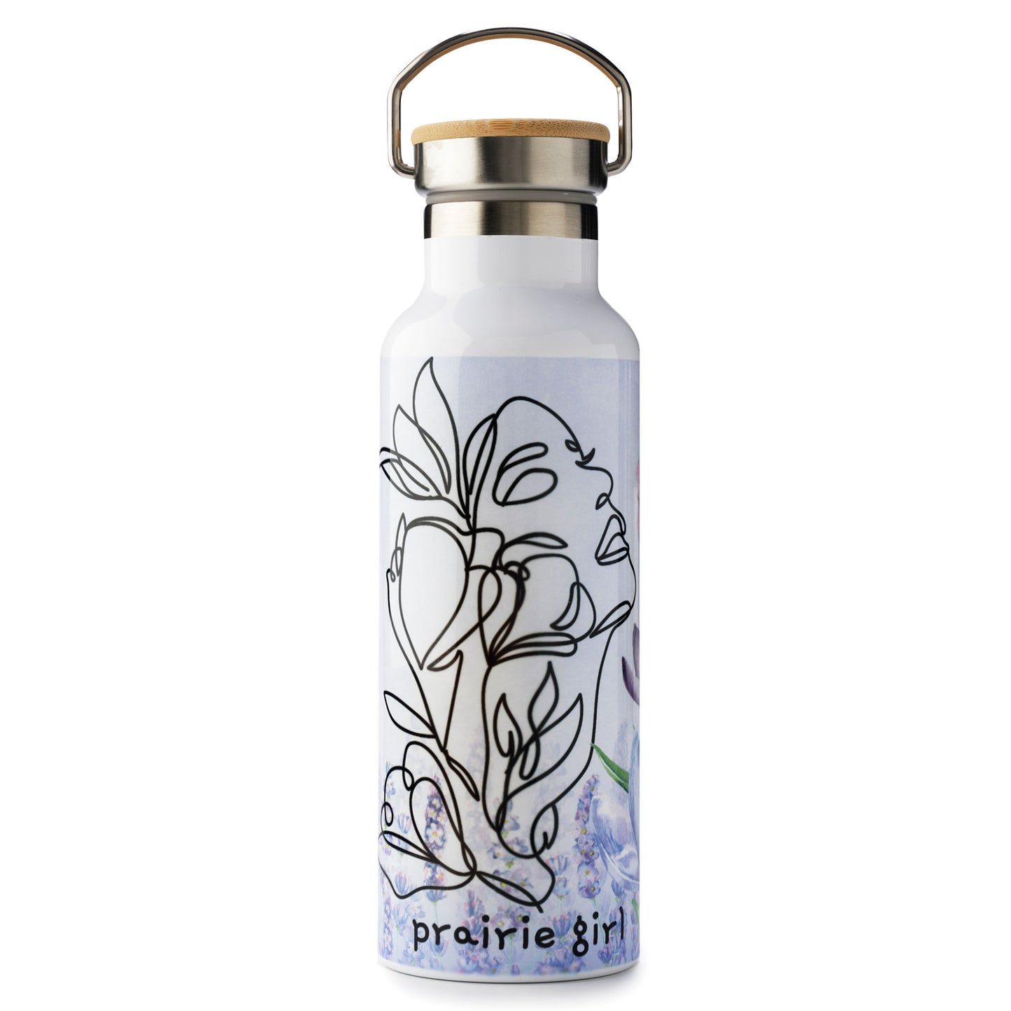 White water bottle with floral design and 'prairie girl' text on a white background