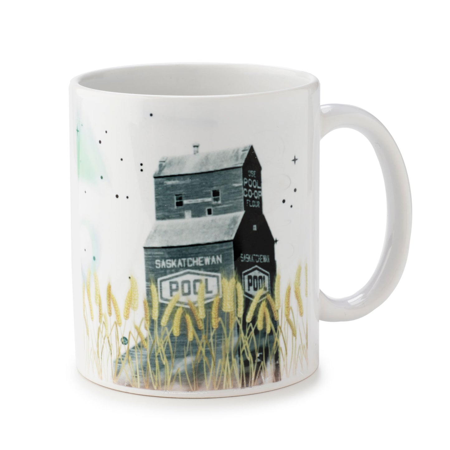 Mug with a design of a grain elevator and wheat field on a white background