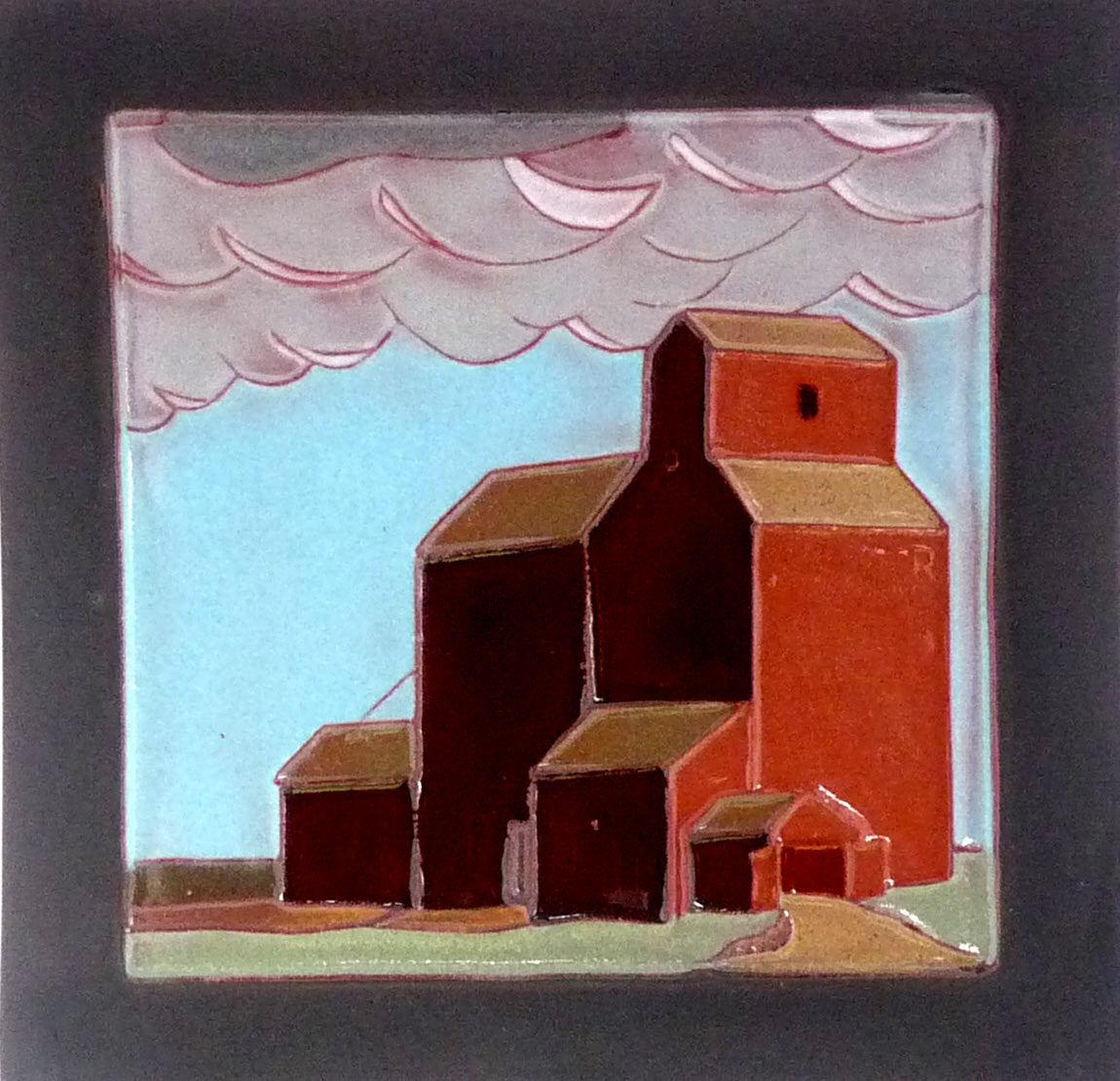 Artistic depiction of a building with a stylized sky and clouds on a dark background
