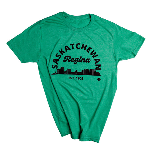 Green t-shirt with 'Saskatchewan Regina' print on a white background