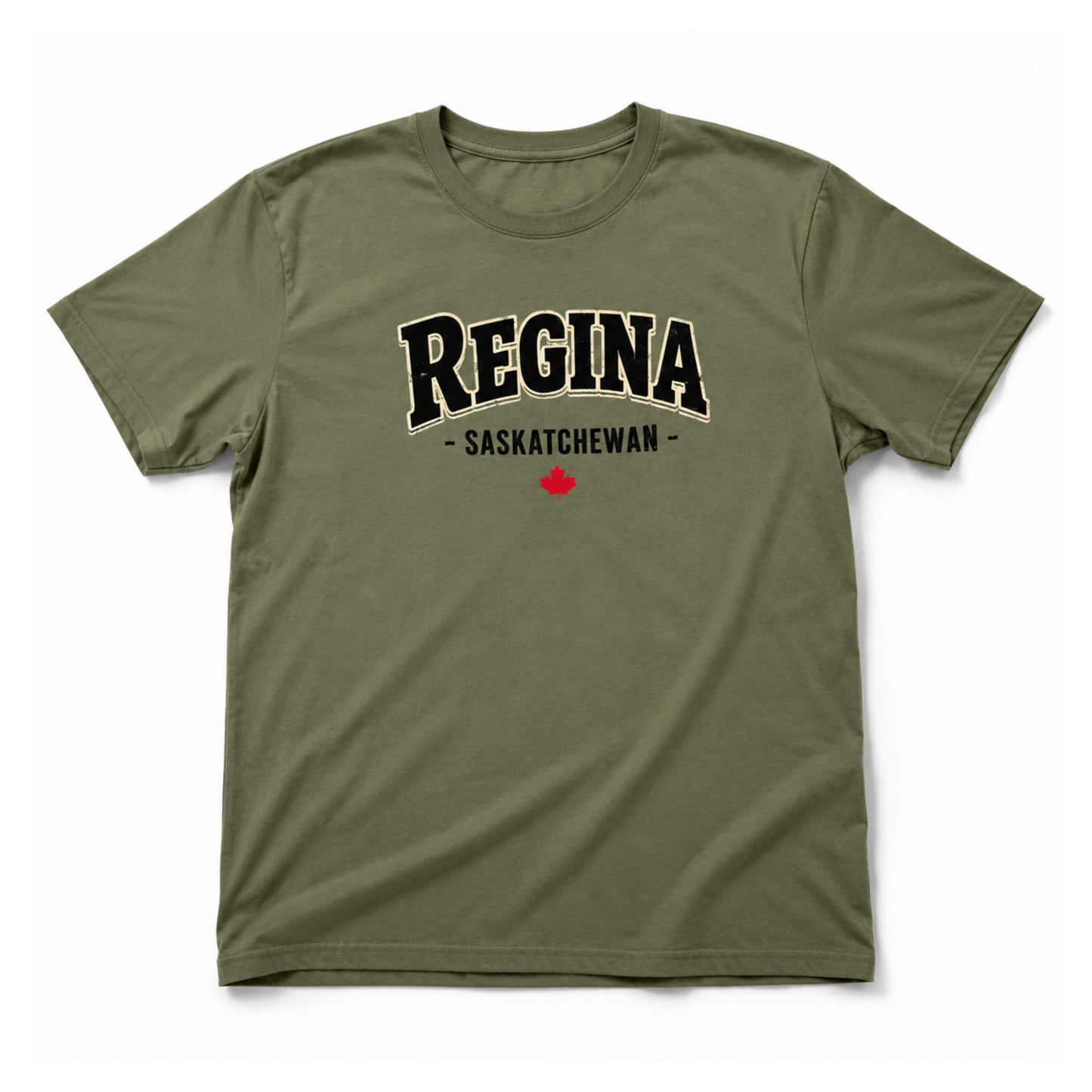An olive green short-sleeve t-shirt with 'REGINA - SASKATECHWAN' printed in black arched block letters with a white outline on the chest, and a small red maple leaf below, shown on a plain white background.