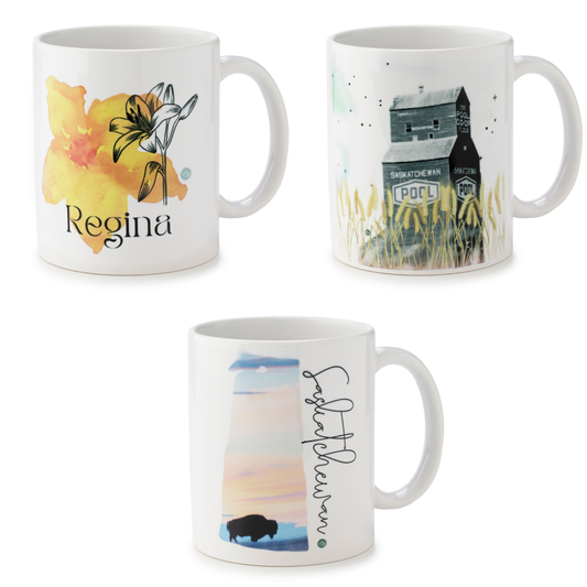 Three mugs with different designs on a white background