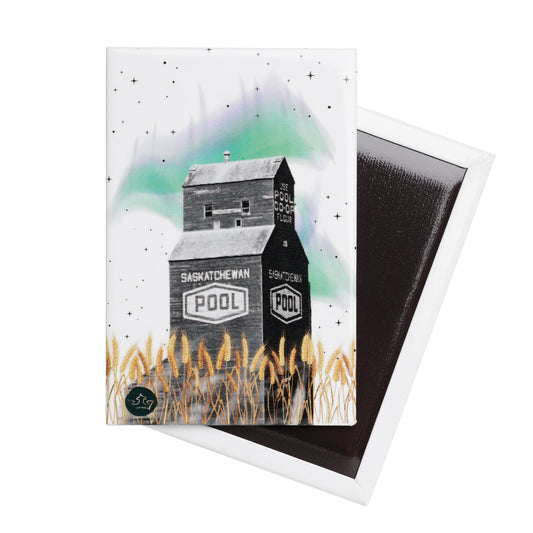 Magnet Saskatchewan Pool grain elevator design on a white background
