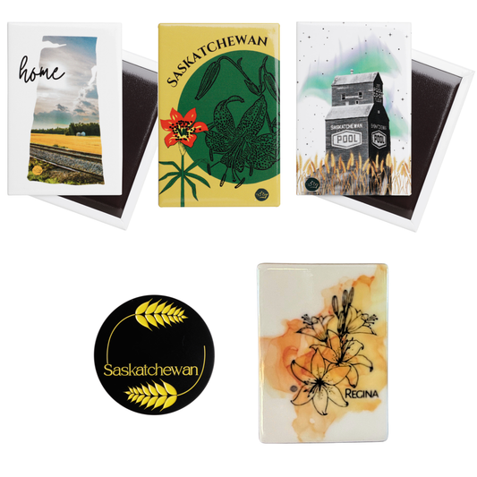 Collection of Saskatchewan-themed magnets and stickers with various designs on a white background.