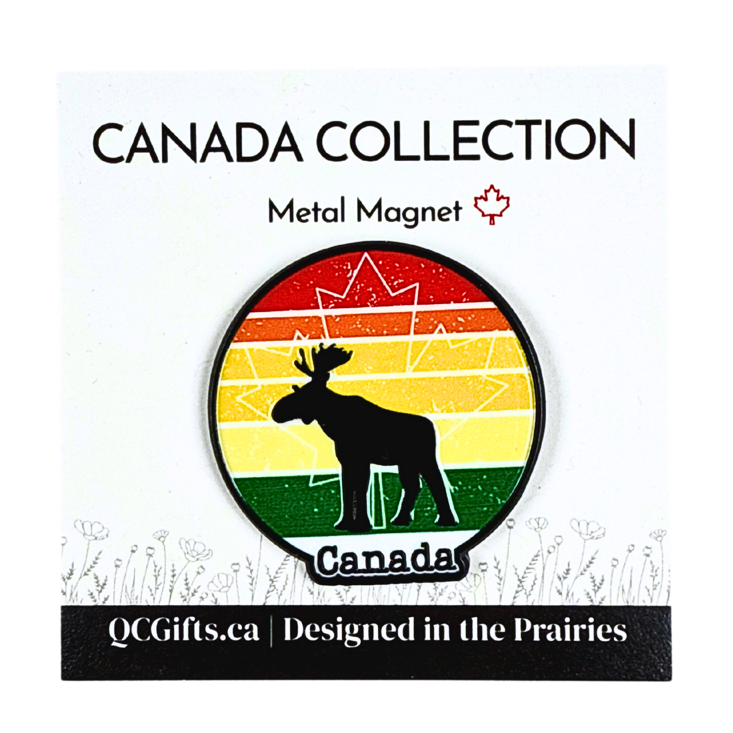 Metal magnet with moose silhouette and rainbow design, labeled 'Canada Collection' on a white background.
