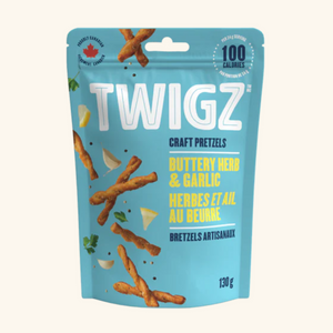 TWIGZ Buttery Herb & Garlic Pretzels – A bag of TWIGZ Buttery Herb & Garlic pretzels, locally made in Alberta, Canada. Crunchy, flavourful, and perfect for snacking.