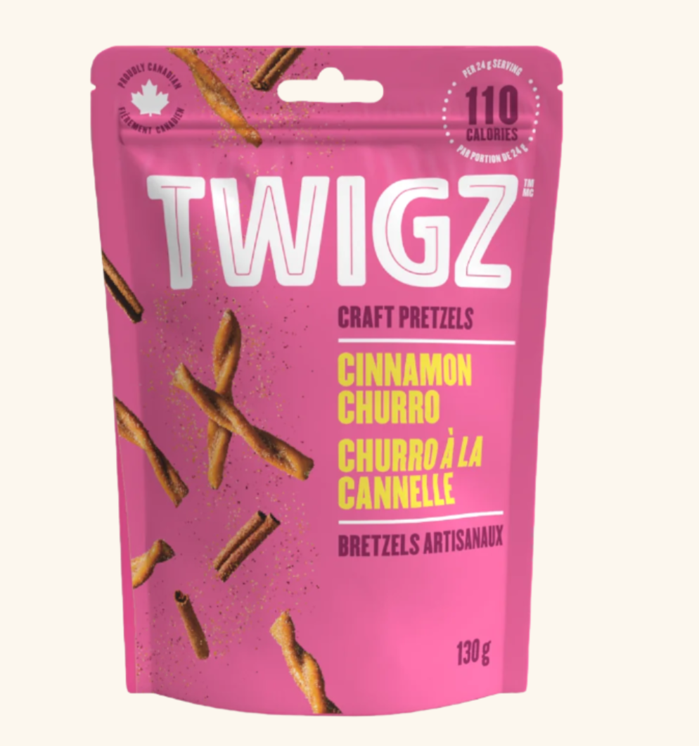 TWIGZ Sweet & Salty Cinnamon Churro Pretzels – A bag of TWIGZ Cinnamon Churro pretzels with a golden, sugar-dusted crunch. Prairie-made in Canada for a sweet and salty treat.
