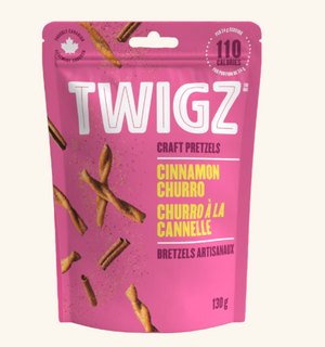TWIGZ Sweet & Salty Cinnamon Churro Pretzels – A bag of TWIGZ Cinnamon Churro pretzels with a golden, sugar-dusted crunch. Prairie-made in Canada for a sweet and salty treat.