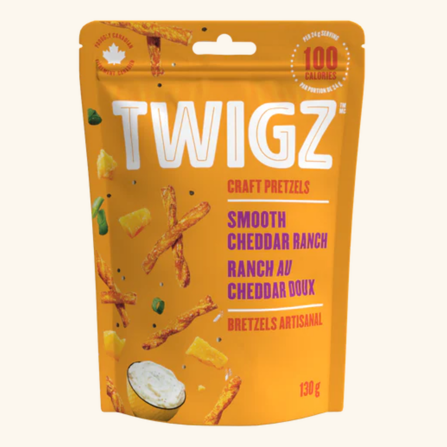  TWIGZ Zesty Ranch Pretzels – A bag of TWIGZ Zesty Ranch pretzels with creamy, savoury seasoning. Canadian-made and bursting with prairie-inspired flavour.