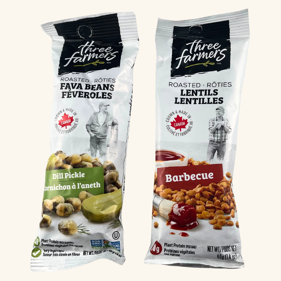 Roasted Snacks (2-pack)
Canadian-grown roasted pulses packed with protein. Nut-free and perfect for snacking or adding to salads and soups.