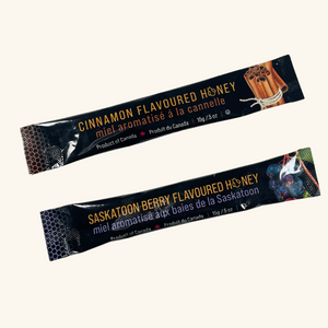 Saskatoon Berry and Cinnamon flavored honey in convenient, mess-free tubes.