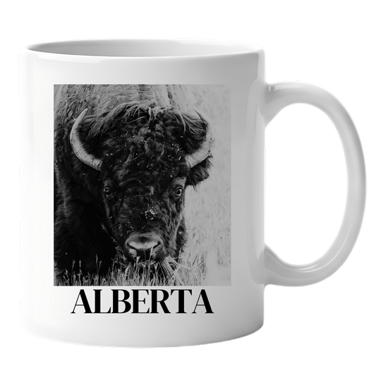 Ceramic mug with the word alberta and a bison on it
