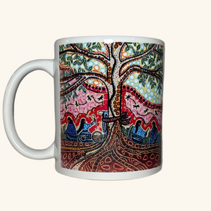 Ceramic mug featuring Leah Dorion’s 'Singing to the Aspen' artwork, celebrating Métis women and the beauty of spring renewal