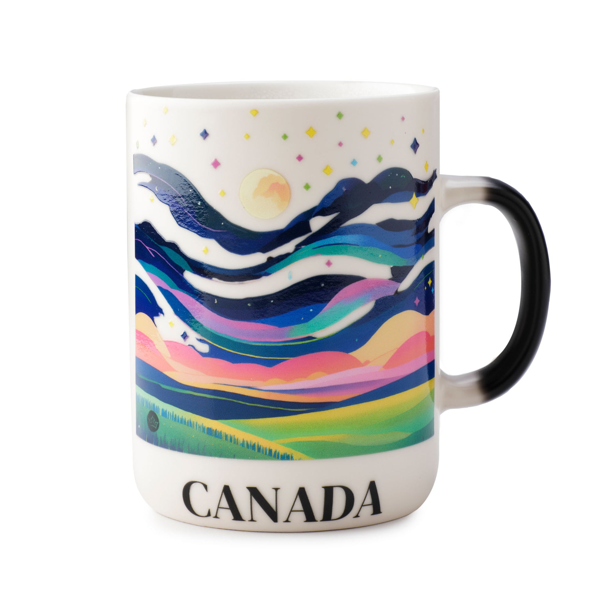 Mug with colorful design and 'Canada' text on a white background