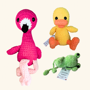 Handmade crochet collection from Connie's Crochet & Craft Corner, featuring adorable frogs, ducks, flamingos, and more