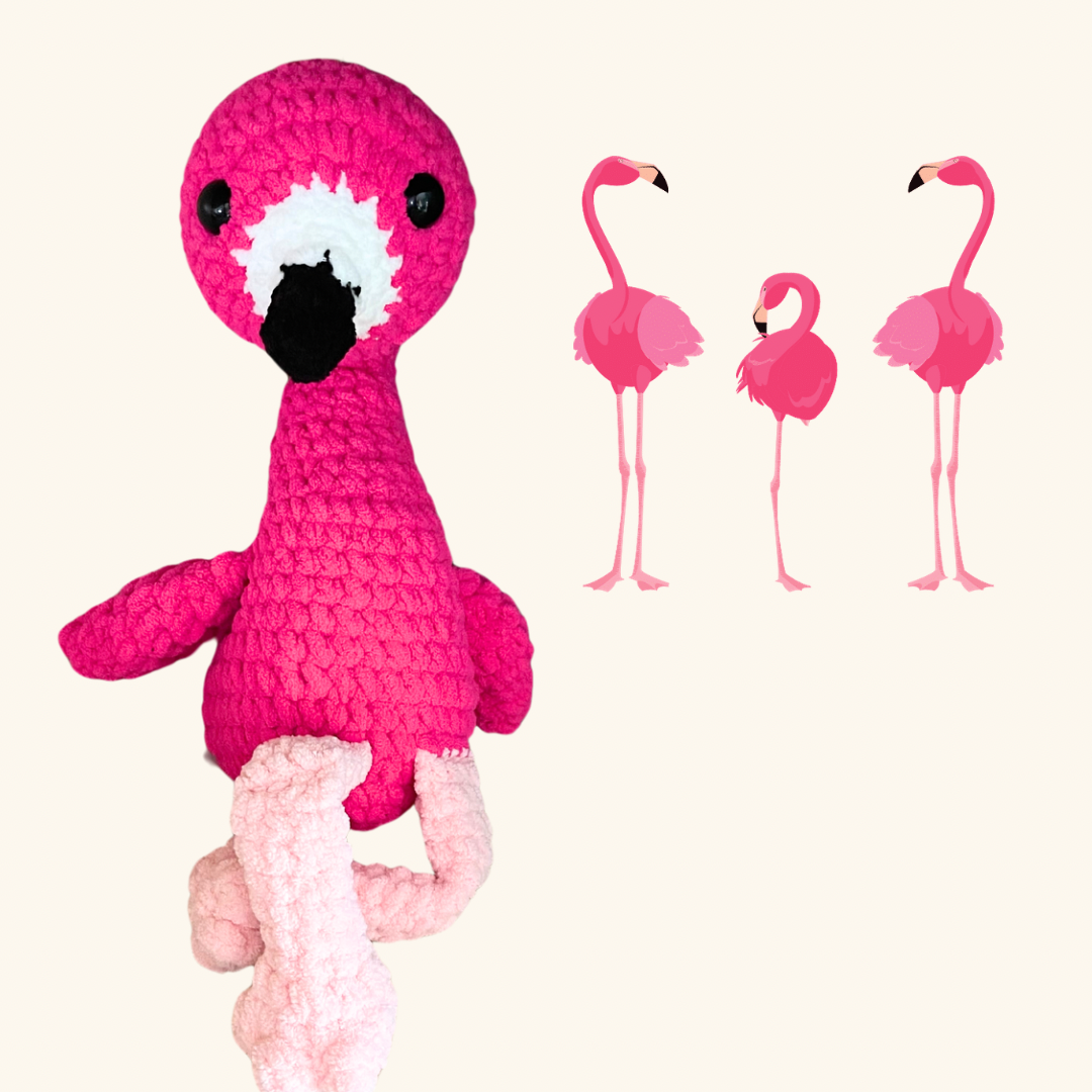 Handmade crochet flamingo from Connie's Crochet & Craft Corner, featuring soft yarn and intricate details.