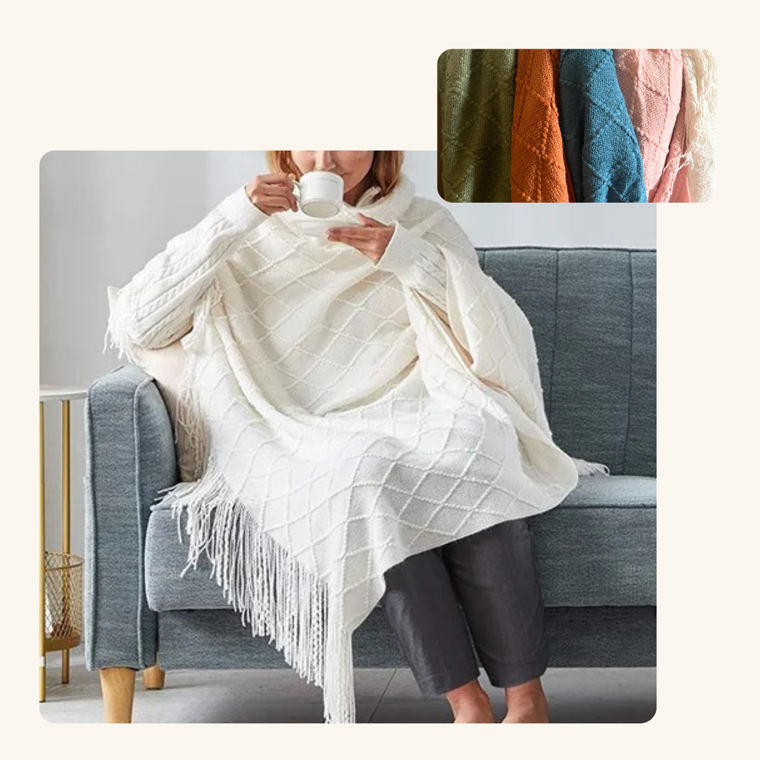 Person wrapped in a cozy knit throw blanket, showcasing its soft texture and warmth for ultimate relaxation.