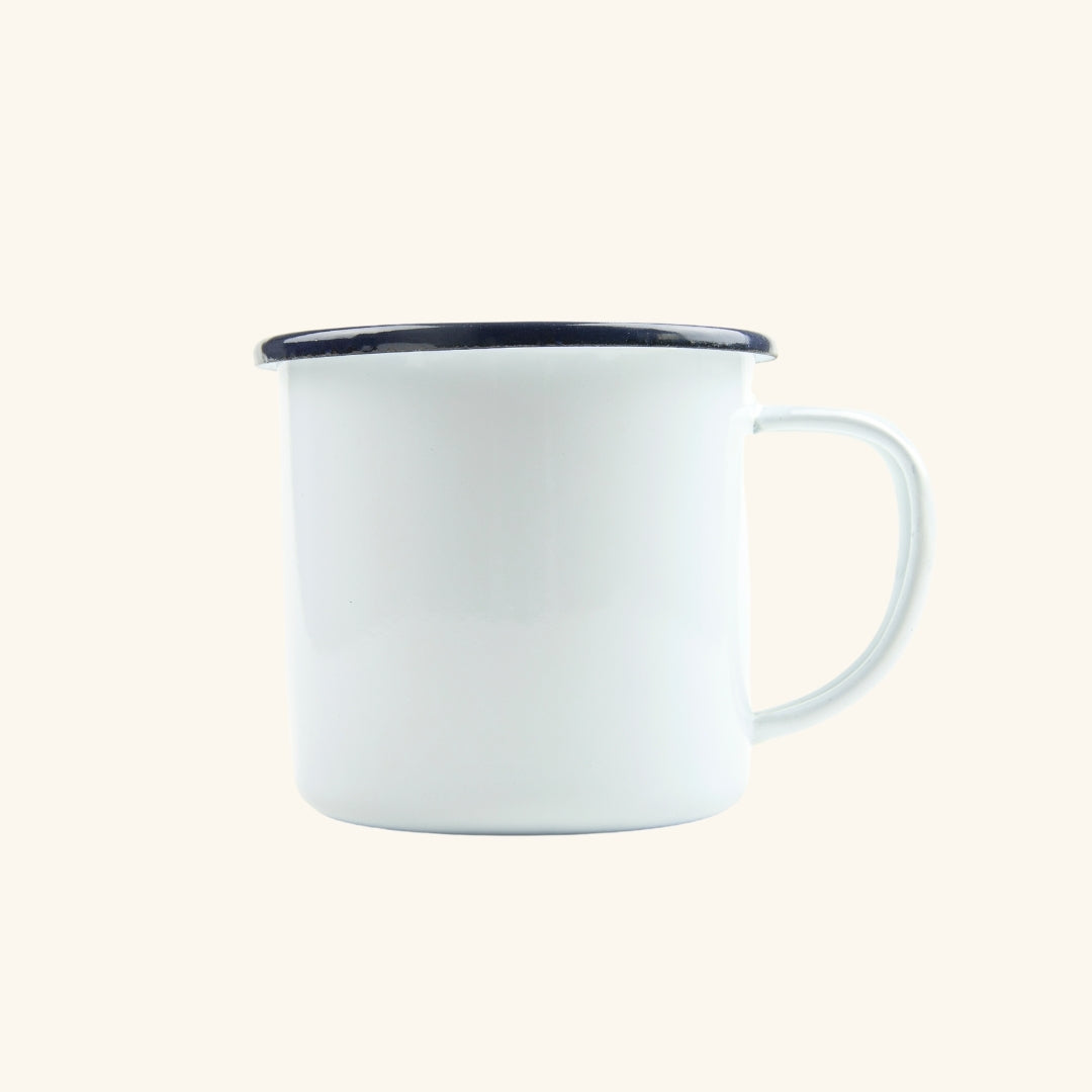Custom tin camping mug with vintage-style printing, ideal for outdoor adventures and branding.