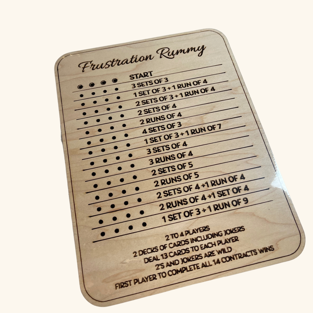 Handcrafted wooden Frustration Rummy board game by Derevo Designs, featuring carved details and a rustic finish.