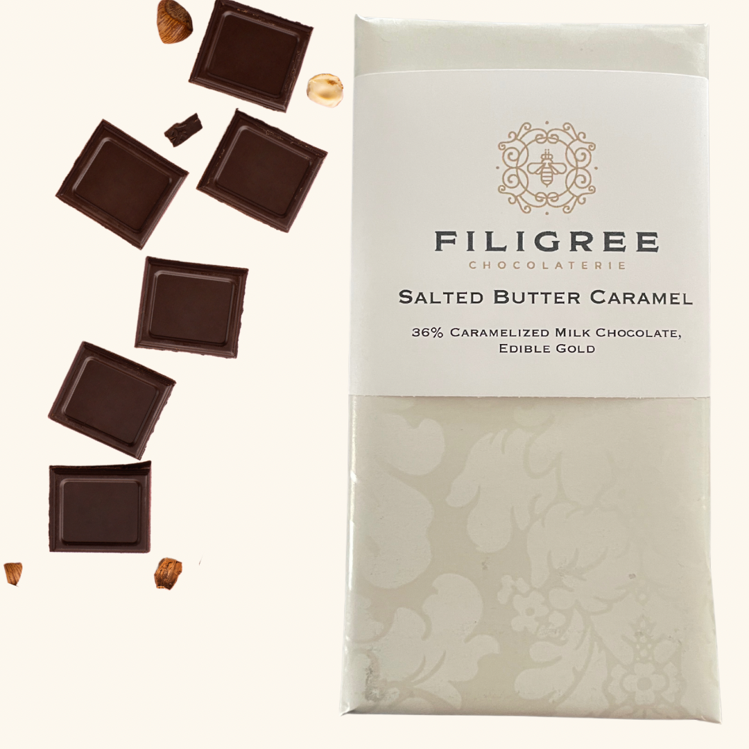 Filigree Chocolaterie salted butter caramel chocolate, a creamy caramel-filled treat with a touch of sea salt.