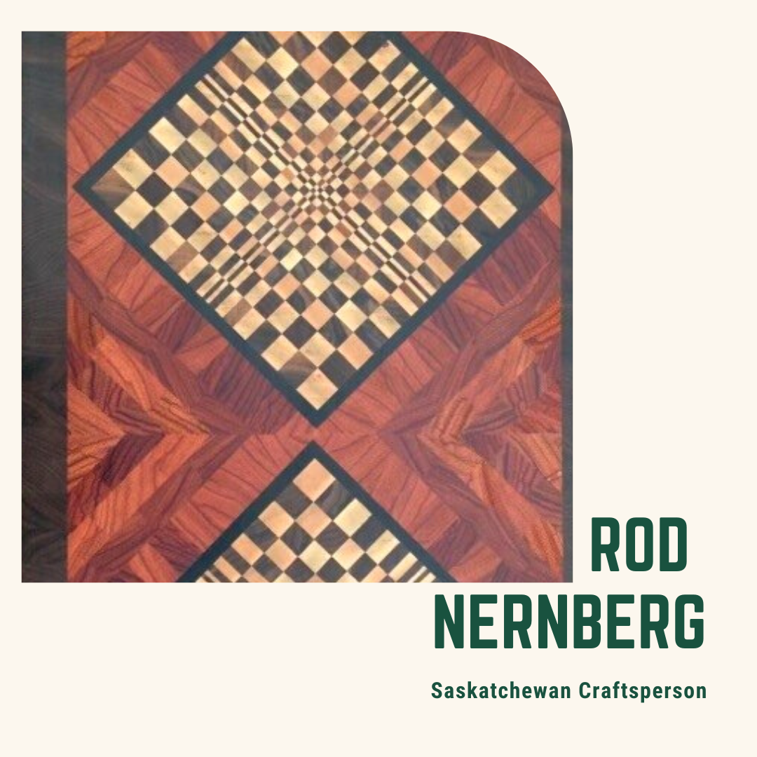 Handmade wooden cutting board by Rod Nernberg, crafted from multiple wood types, featuring a unique grain pattern and durable design for kitchen use