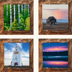 Collection of four framed 6x6 Prairie scenic photographs by Holdsworth, featuring Saskatchewan’s stunning natural landscapes.