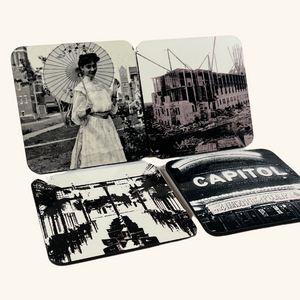 Vintage Regina-themed Prairie coaster showcasing historical imagery of Saskatchewan’s capital city, perfect for adding rustic charm to your home