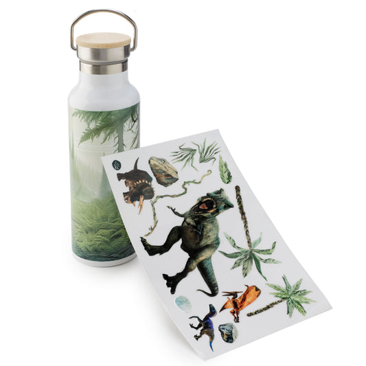 Water bottle with nature-themed design and dinosaur-themed temporary tattoos on a white background