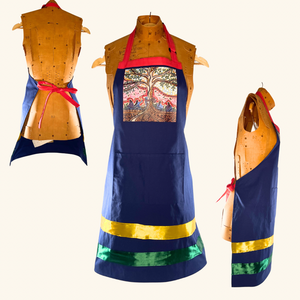 Handcrafted apron featuring Métis artist Leah Dorion's 'Singing to the Aspen' artwork, symbolizing strength and resilience.