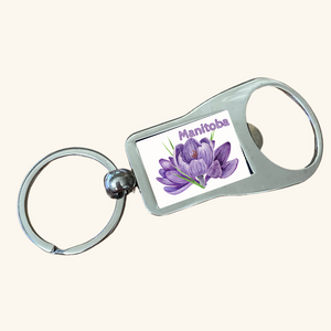 Handcrafted Manitoba Crocus keychain, honoring Manitoba’s provincial flower with an elegant and durable design