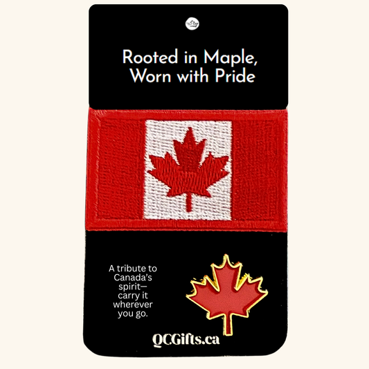 Rooted in Maple pin and patch set with Canadian flag iron-on patch and red maple leaf enamel pin on display card