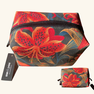 Handmade box bag from Me & You Handmades, featuring a vibrant red Prairie Lily pattern, crafted with sustainable materials