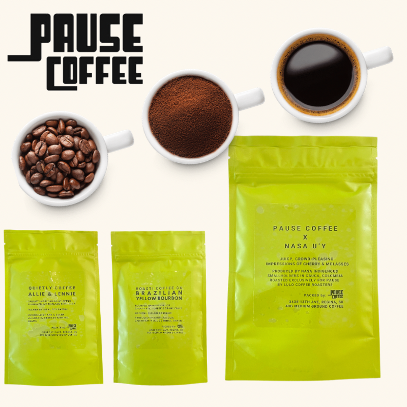 Pause Coffee collection – Three 4oz ground coffee blends featuring Quietly Coffee, Pause Coffee x NASA U’Y, and Roast Coffee Co Brazilian Yellow Bourbon.