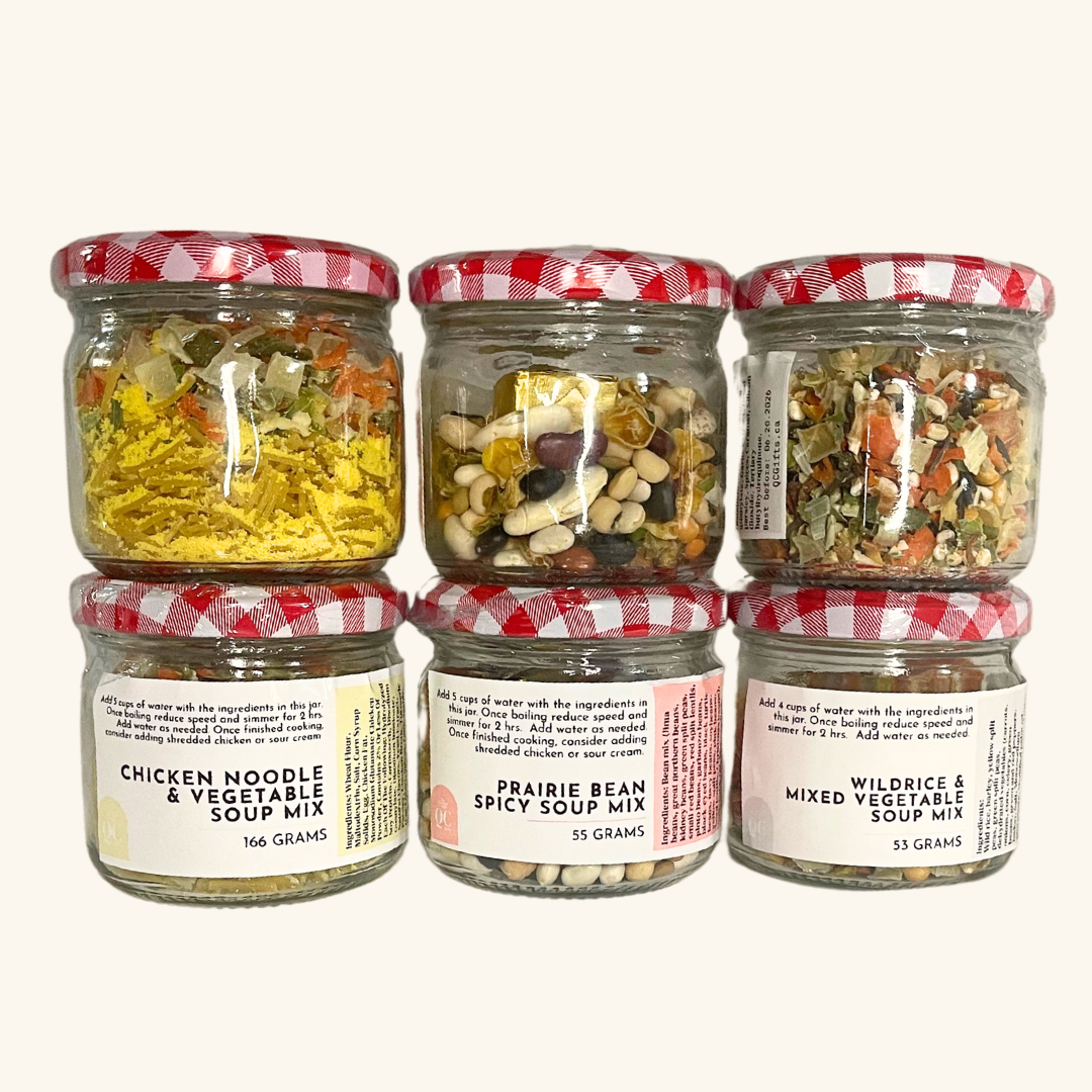 Set of three Prairie Comfort Soup Mixes – Chicken Noodle & Vegetable, Wild Rice & Mixed Vegetable, and Prairie Bean Spice, packaged for easy preparation.