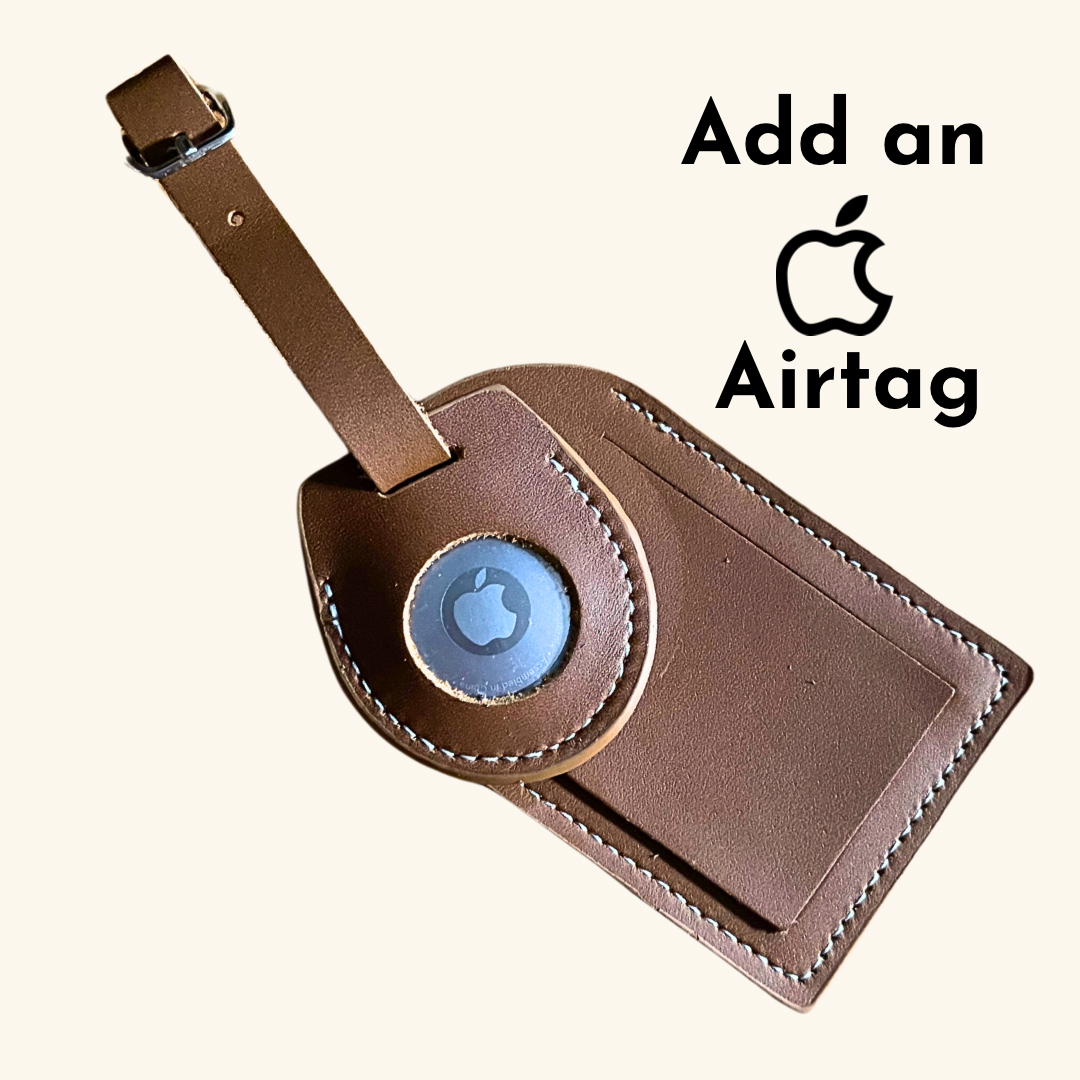 Prairie leather luggage tag with an optional Airtag slot for added security and luggage tracking