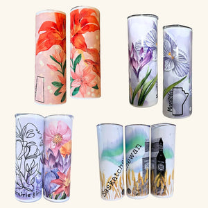 Collection of Prairie-inspired skinny tumblers, featuring Prairie Girl, Prairie Lily, Grain Elevator, and Crocus designs, perfect for travel and daily hydration