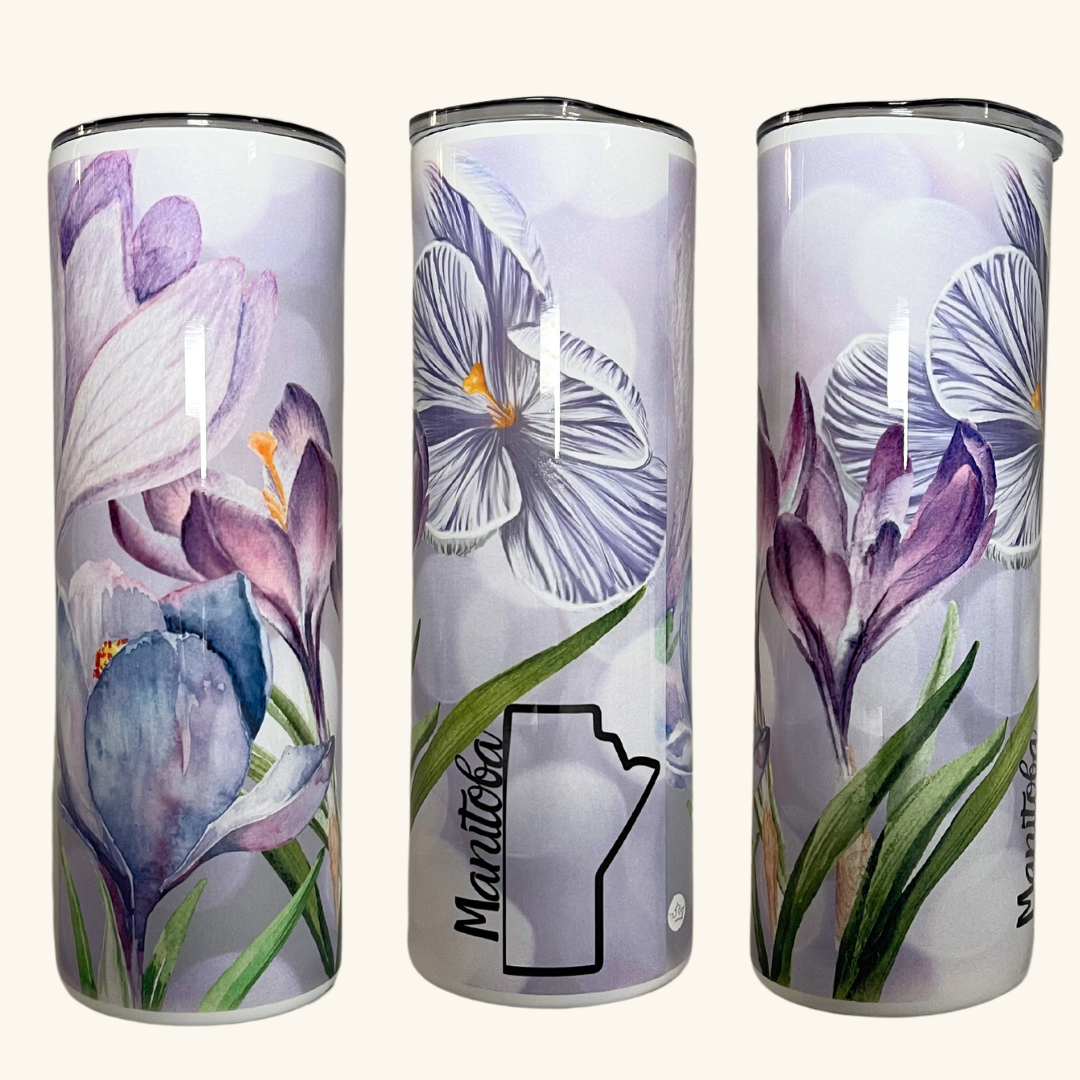 Crocus skinny tumbler inspired by Manitoba’s provincial flower, blending floral elegance with functional design