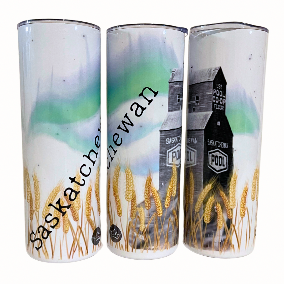 Grain Elevator skinny tumbler featuring a classic Prairie farming landmark, designed for hot and cold beverages on the go