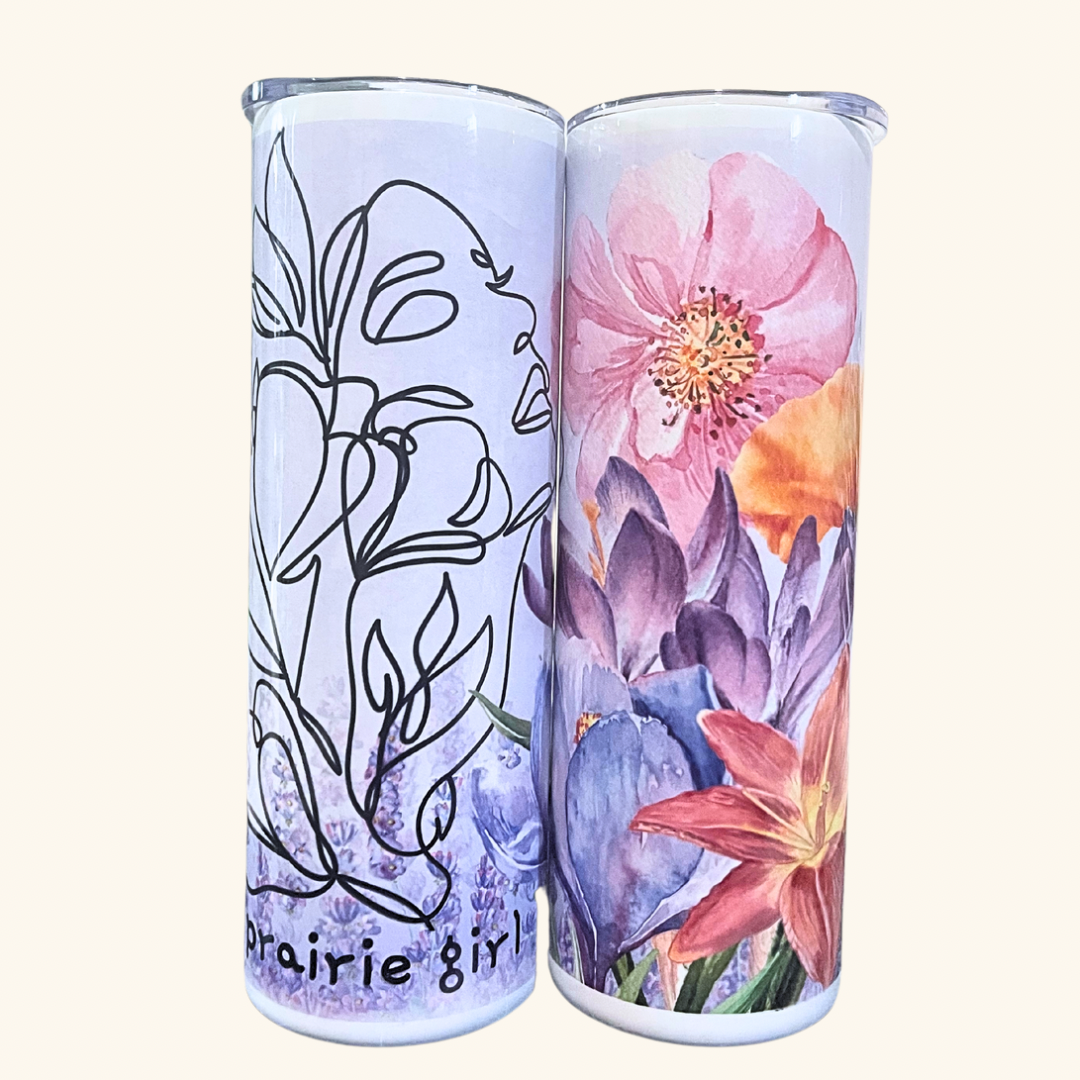 Prairie Girl skinny tumbler, a sleek 20oz stainless steel drinkware piece featuring a custom Prairie-inspired design