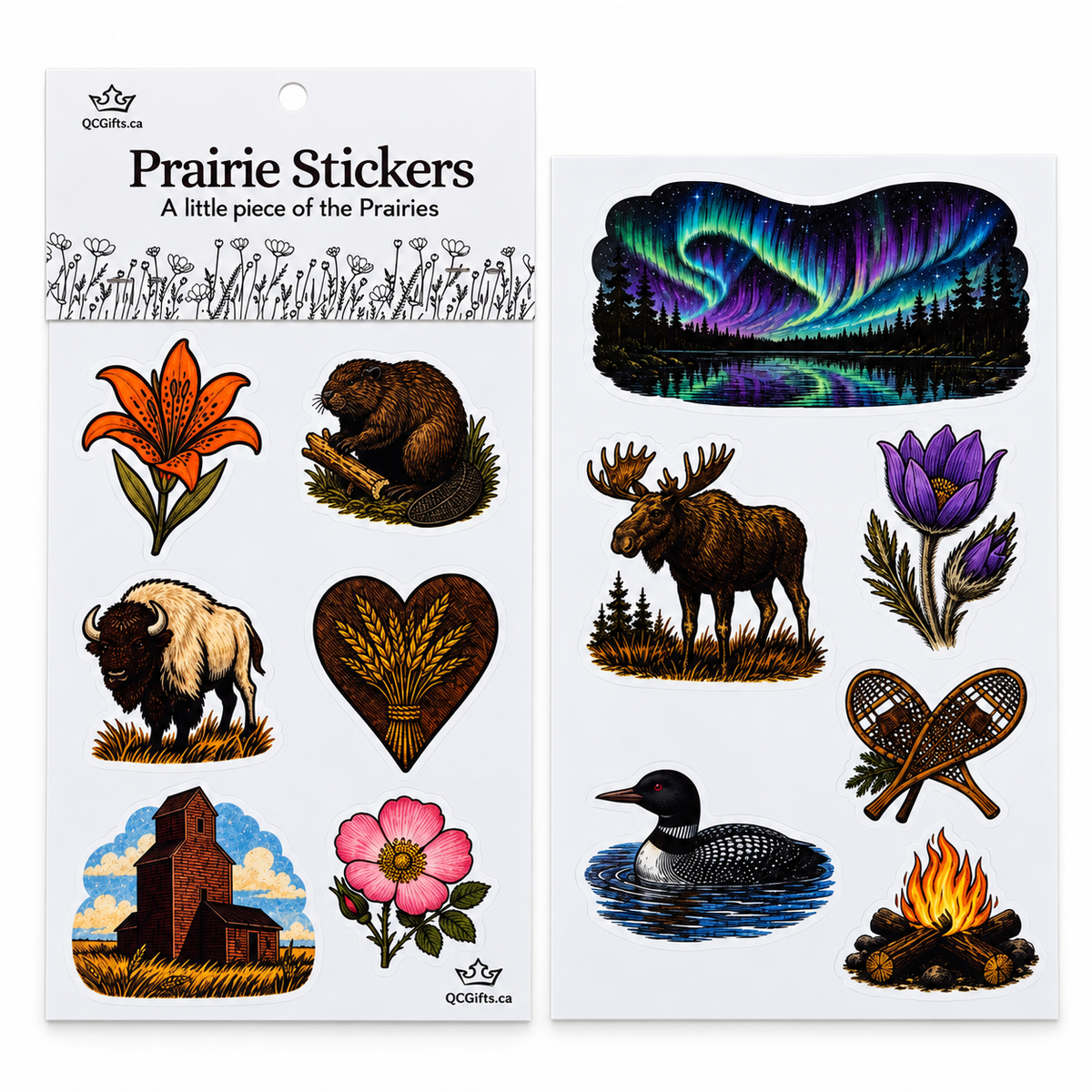 Prairie Stickers set with two sheets and 12 designs featuring prairie flowers, wildlife, wheat, a grain elevator and northern lights.