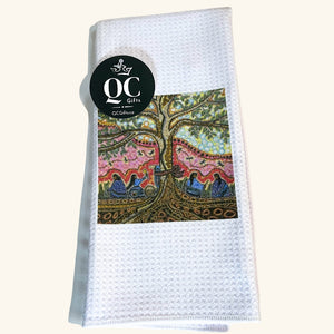 Leah Dorion Tea Towel featuring the Métis artist’s vibrant artwork, celebrating Indigenous culture and Prairie heritage.