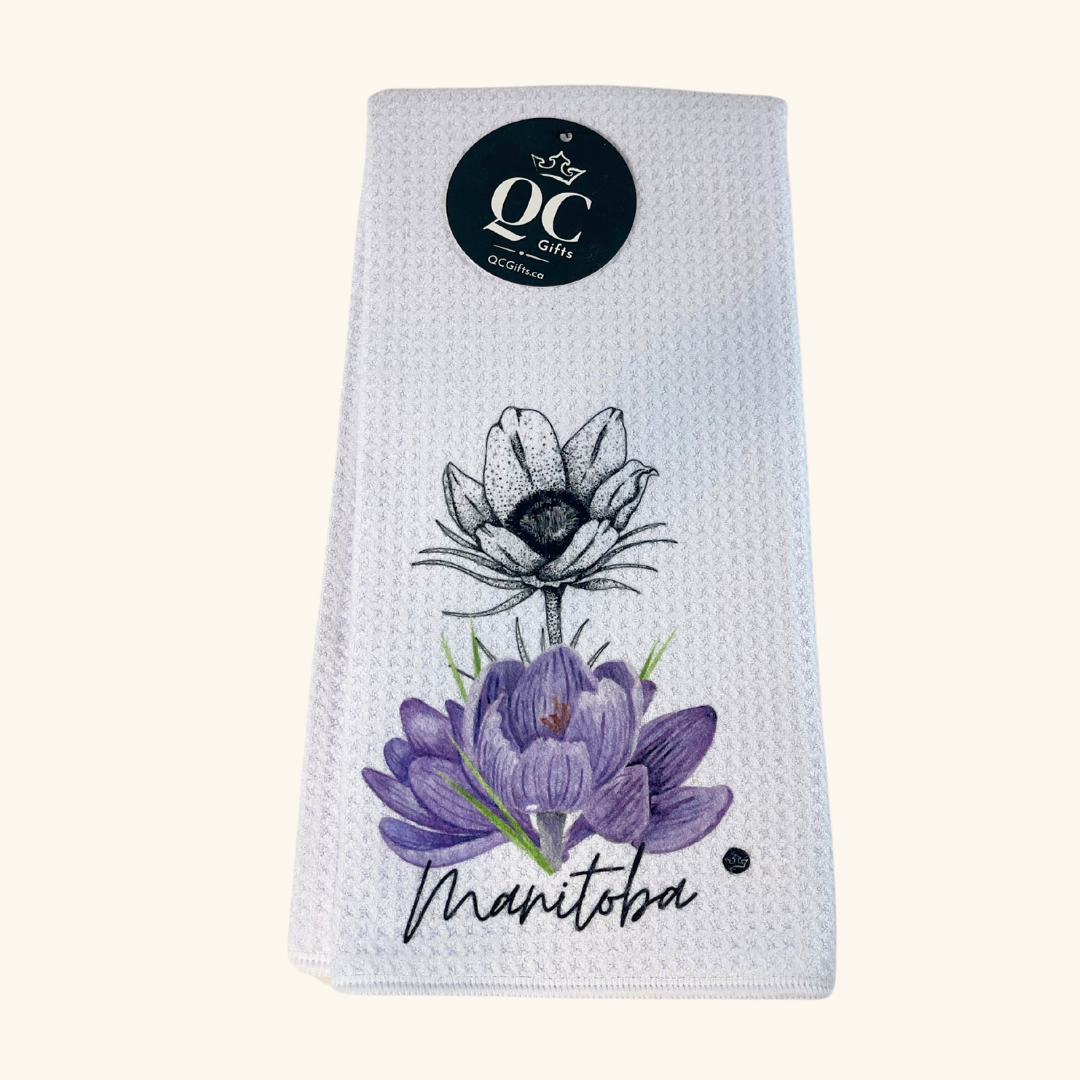 Manitoba Crocus Tea Towel featuring the province’s floral emblem in a delicate, nature-inspired hand-pressed desig