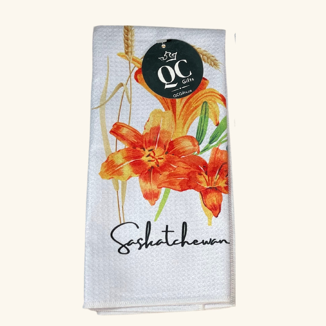 Saskatchewan Prairie Lily Tea Towel showcasing the province’s floral emblem in a beautifully detailed hand-pressed design.