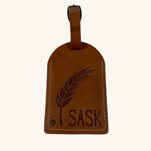 Leather luggage tag embossed with a Saskatchewan wheat design, crafted for stylish and easy luggage identification