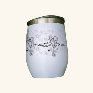 Manitoba Crocus wine tumbler, featuring a delicate floral design celebrating Manitoba’s provincial flower.