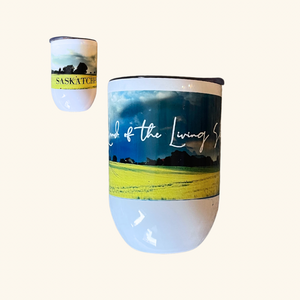 Saskatchewan Land of the Living Skies wine tumbler, a double-walled stainless steel cup featuring a Prairie sunset-inspired design